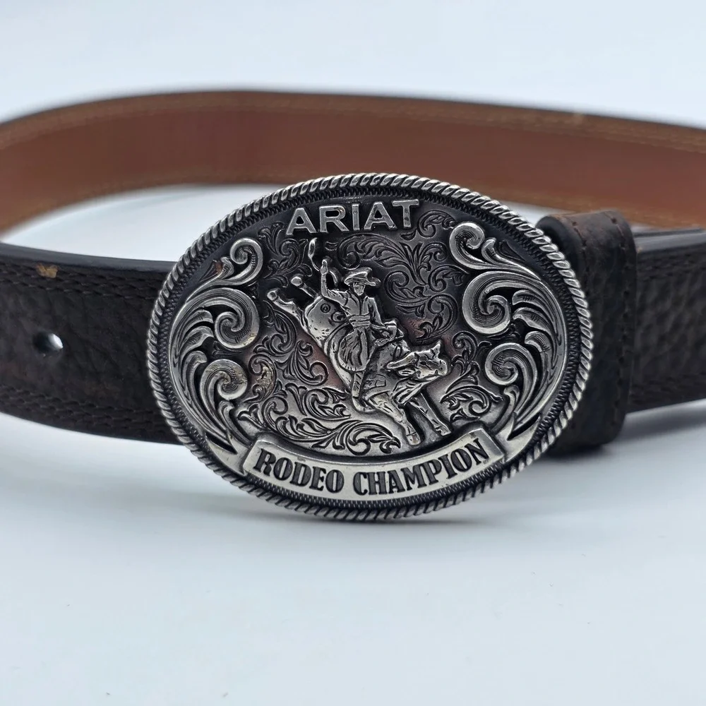 Ariat Belt Kids Size 24 Brown Leather Rodeo Champion Bull Rider Trophy Buckle‎